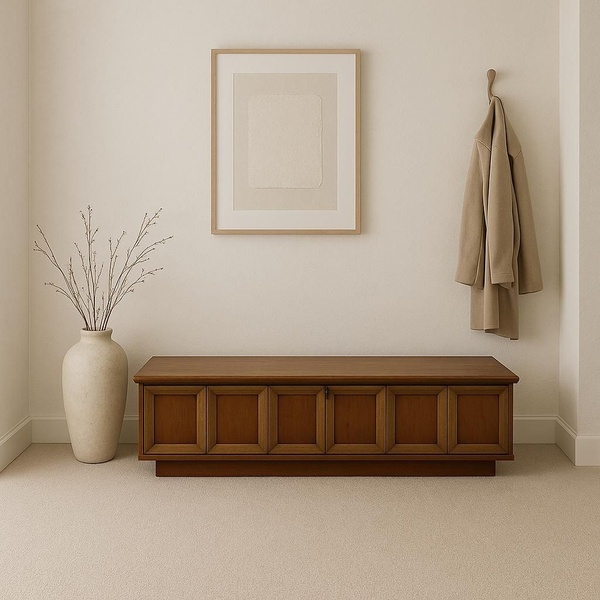 wooden storage chest, storage bench, entryway bench, blanket chest, furniture chest, brand awareness, minimalist, lifestyle, calm, luxurious, neutral, brown